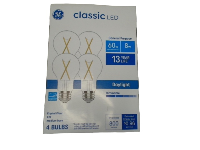 Light Bulbs 4pk. 8W Dimmable Daylight A19 Medium Base Classic LED G.E.