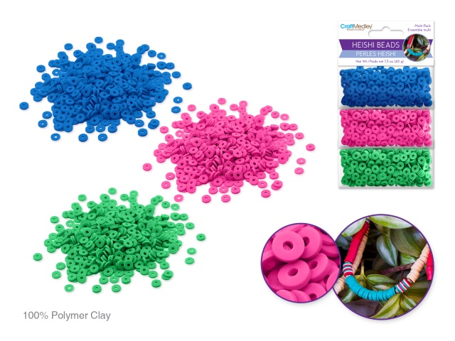 Polymer Clay Beads: 6mm Round Heishi 45g 3-Col 15g ea F) Vivid
