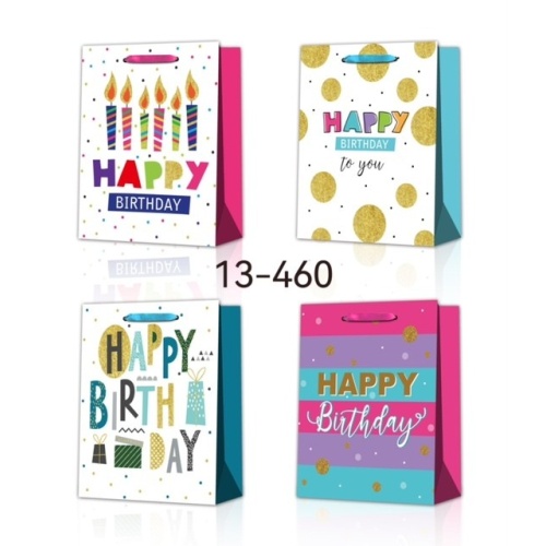 GIFT BAGS LARGE GLITTER HAPPY BIRTHDAY ASST'D 12.5x10x4 inch